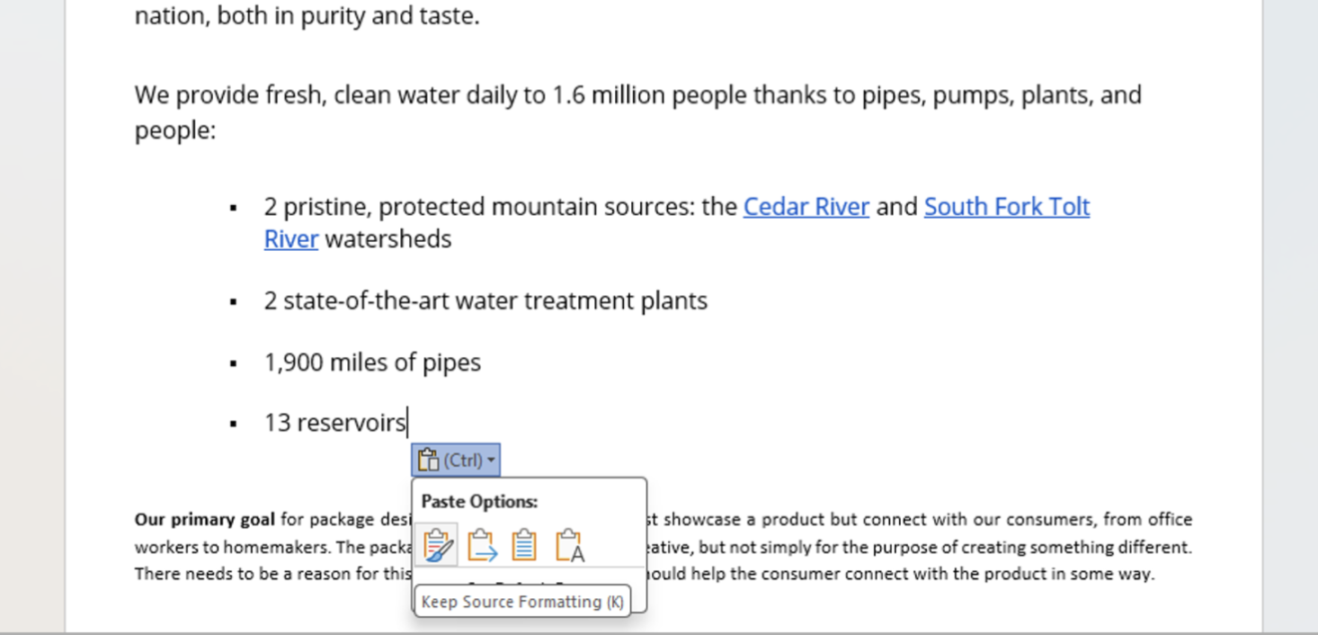 Um exemplo de documento do Word com as novas opções de colagem.